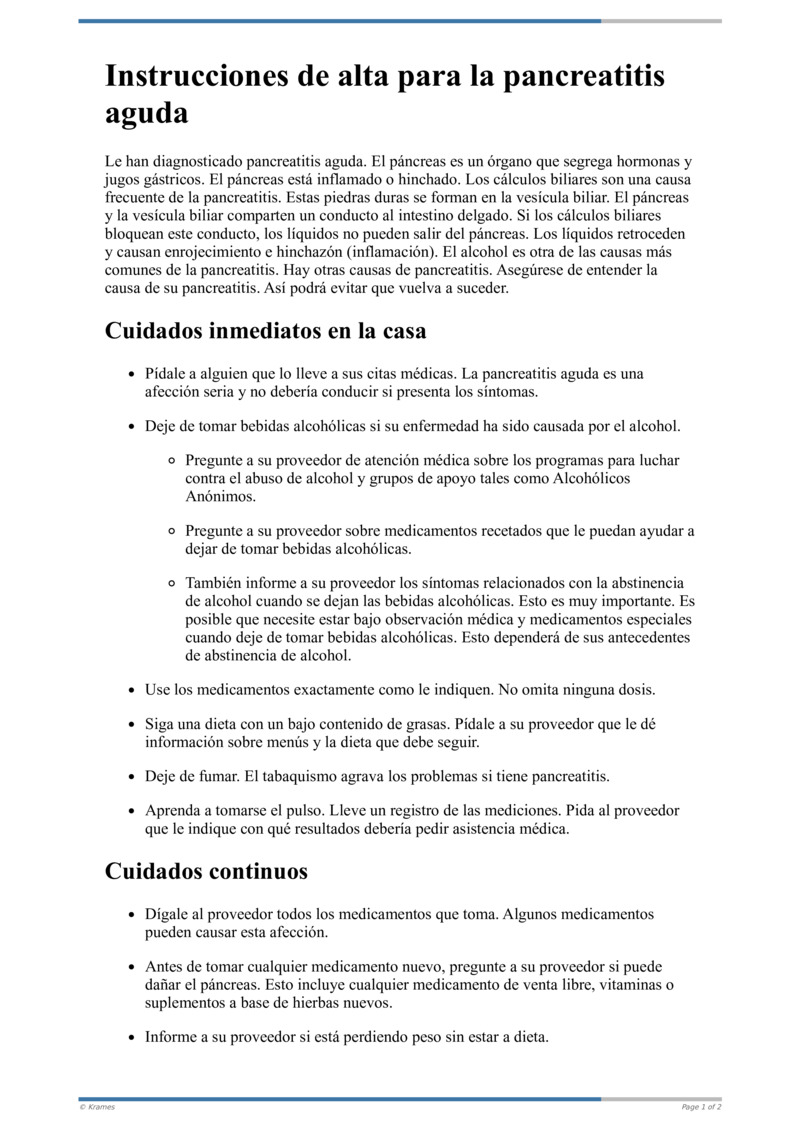 Text Instrucciones De Alta Para La Pancreatitis Aguda Healthclips