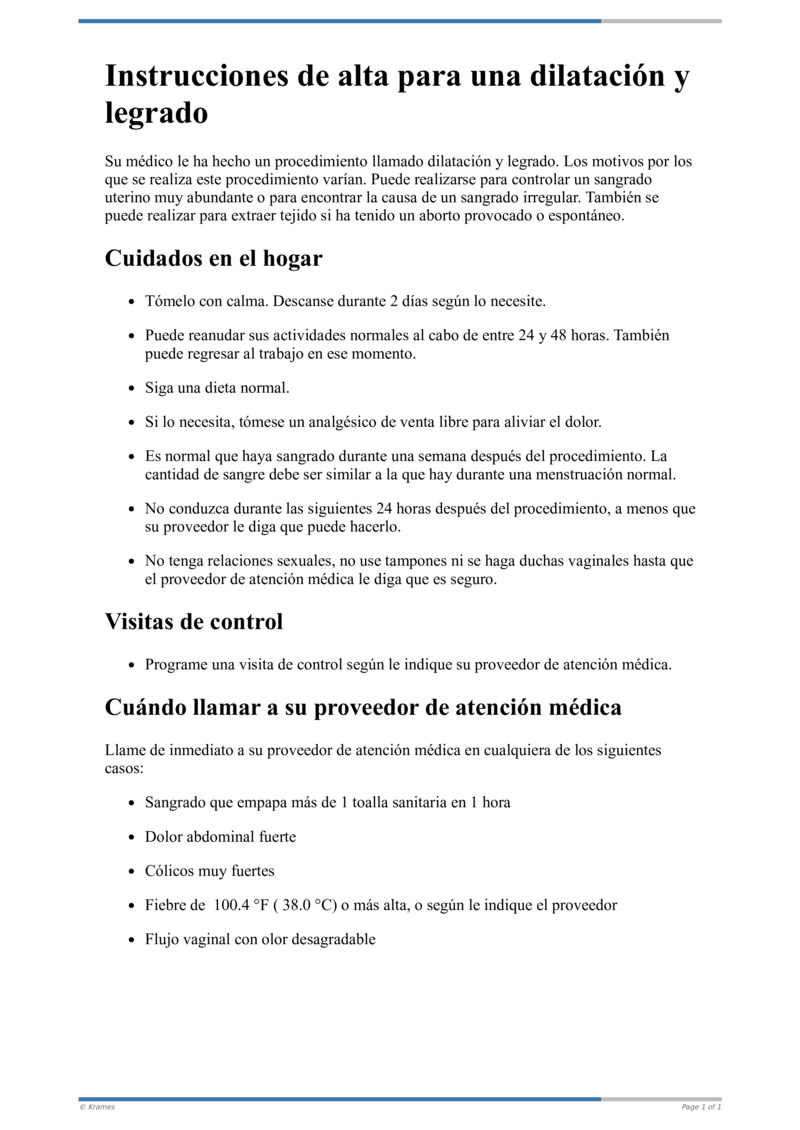 Text Instrucciones de alta para una dilatación y legrado