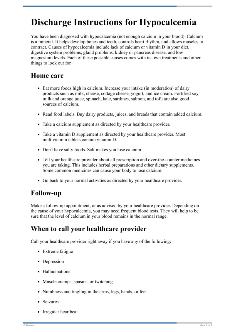 Text Discharge Instructions For Hypocalcemia HealthClips Online