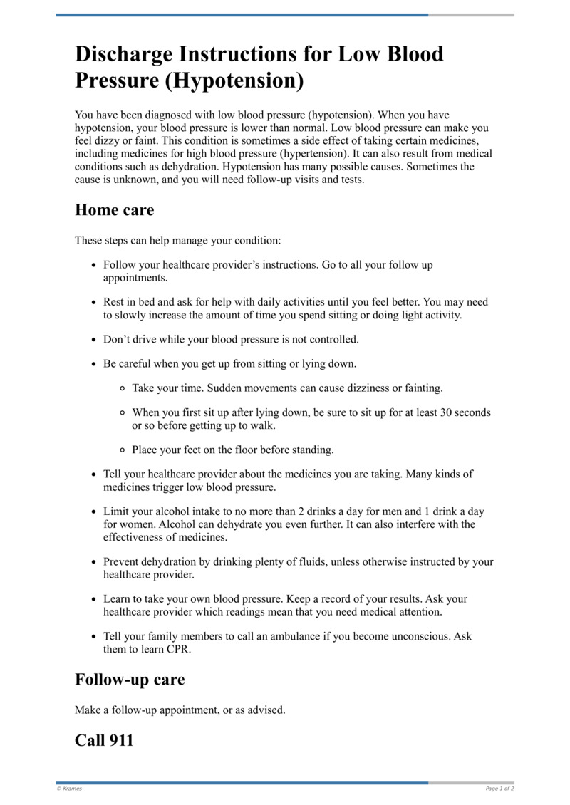 Text Discharge Instructions For Low Blood Pressure Hypotension