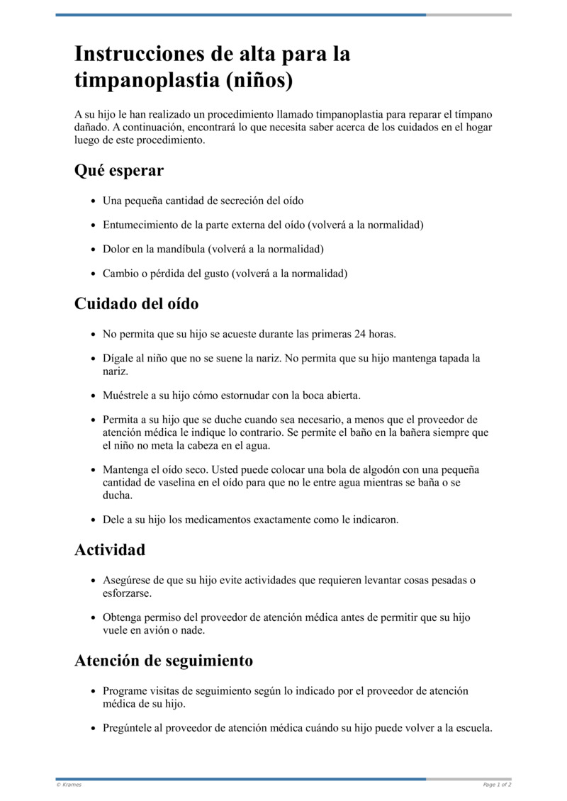 Text Instrucciones De Alta Para La Timpanoplastia Healthclips Online