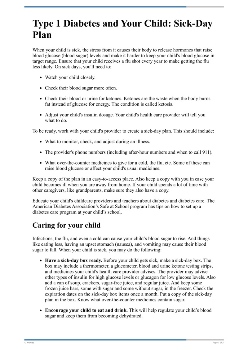 Text Type 1 Diabetes and Your Child Sick Day Plan HealthClips Online