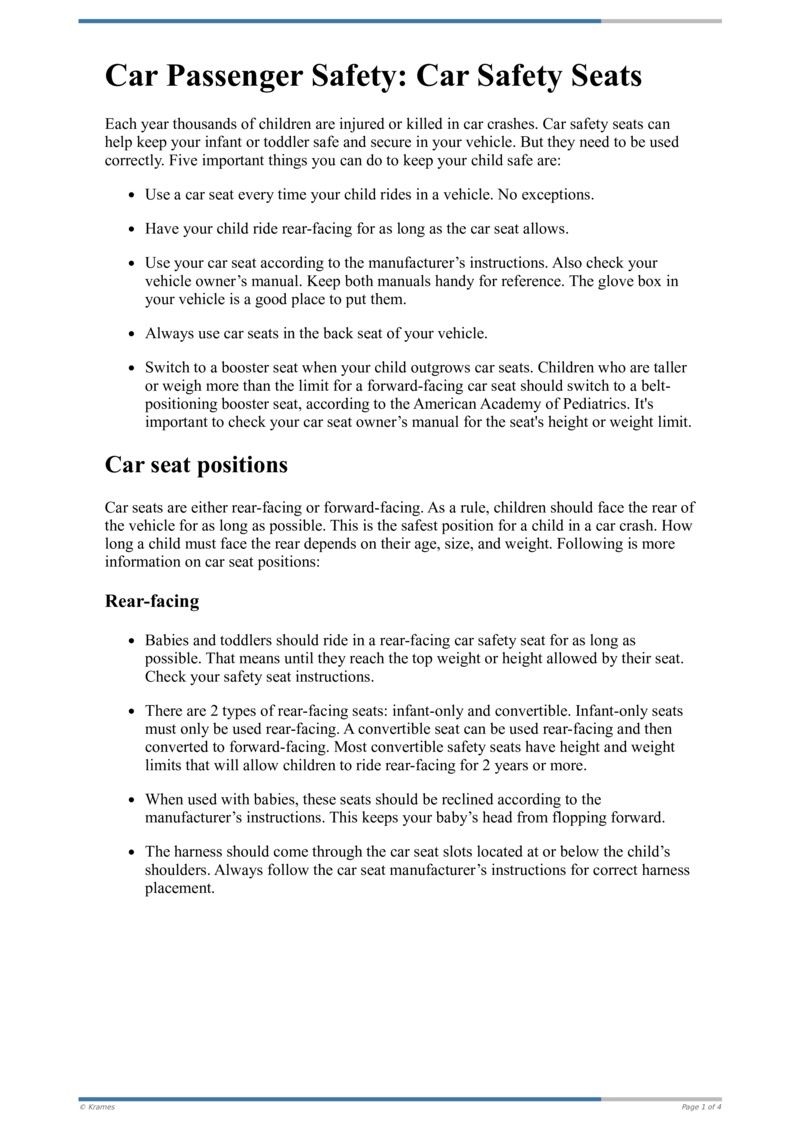 Text - Car Passenger Safety: Car Safety Seats - HealthClips Online