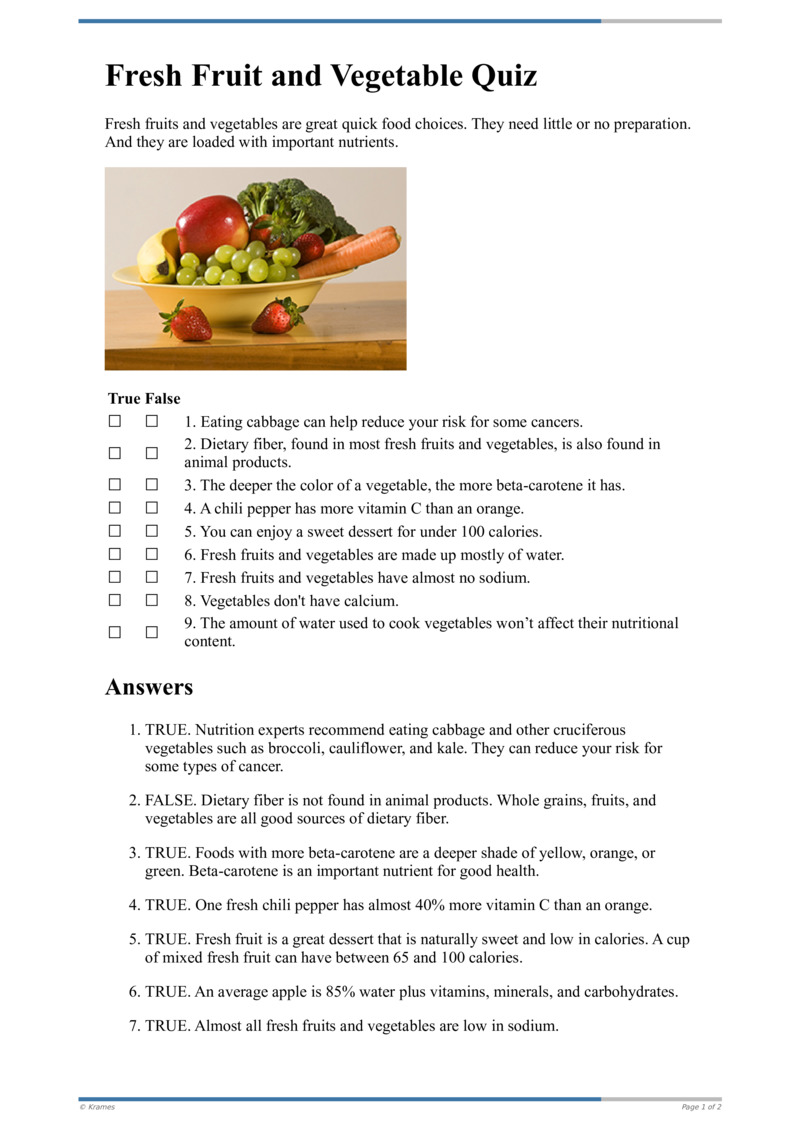 Text - Fresh Fruit and Vegetable Quiz - HealthClips Online