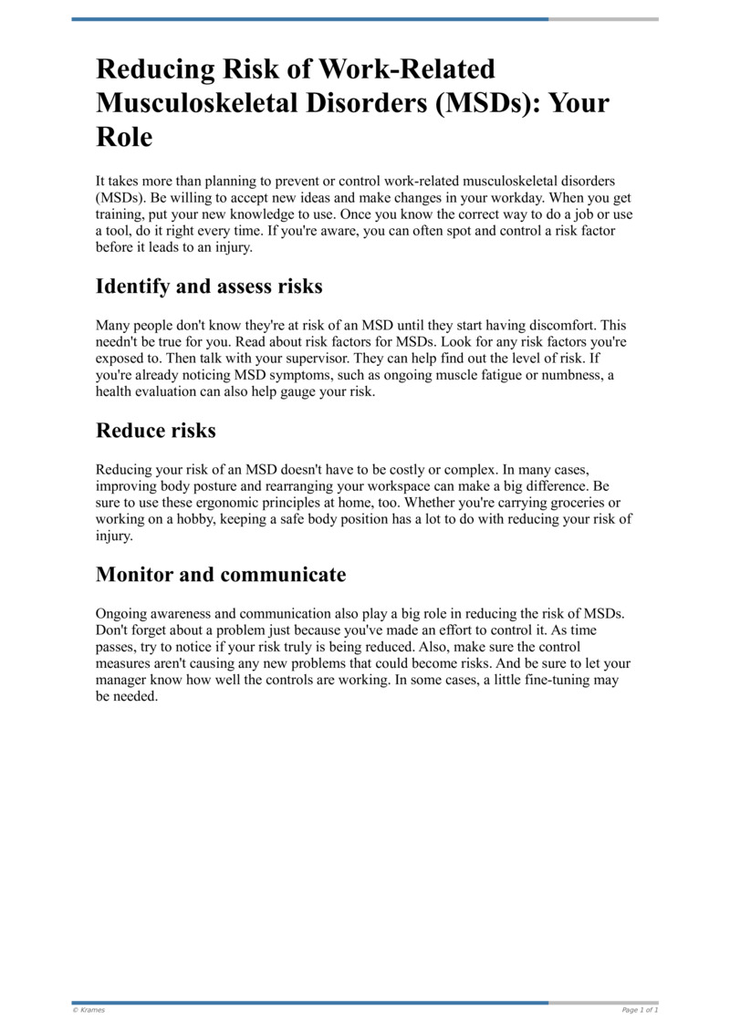 Text - Reducing Risk of Musculoskeletal Disorders (MSDs): Your Role ...