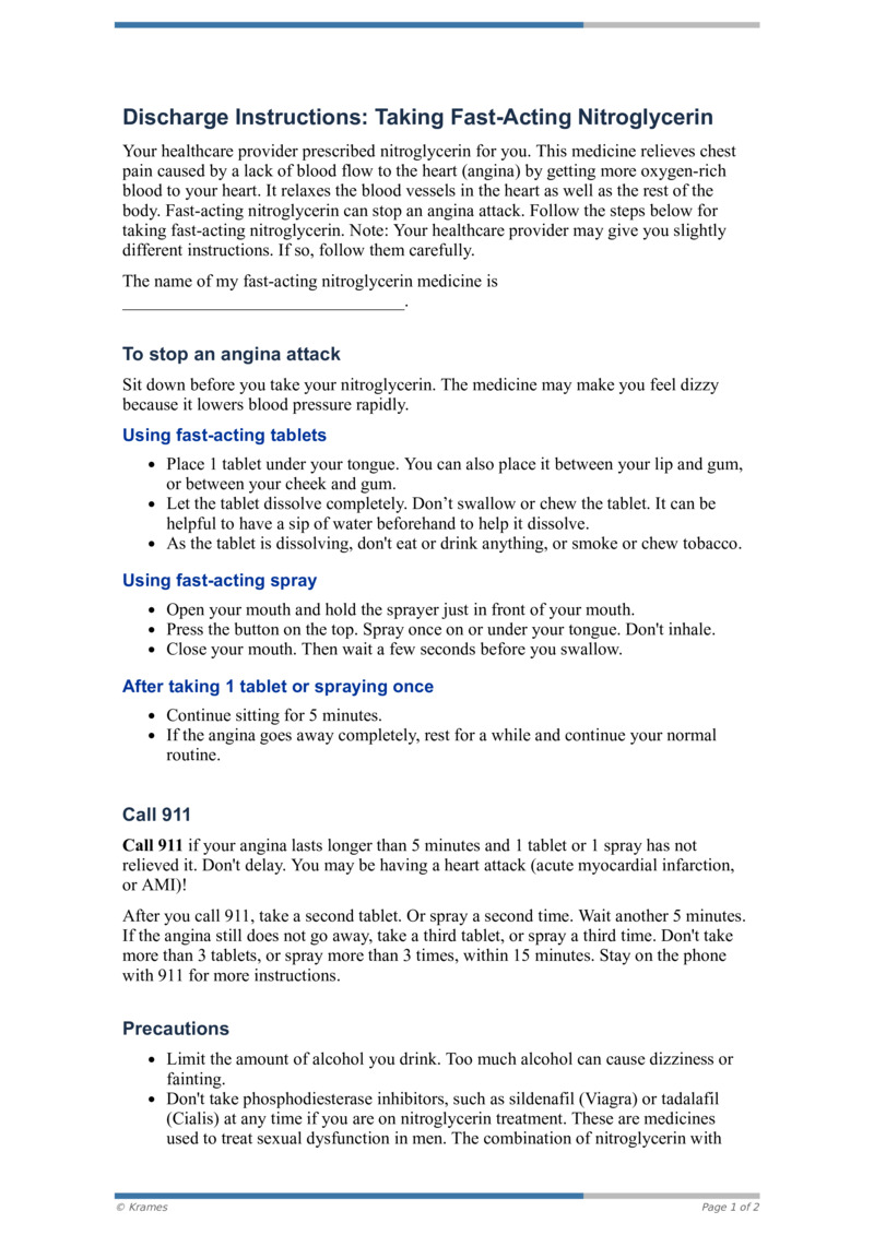 PDF Discharge Instructions Taking FastActing Nitroglycerin
