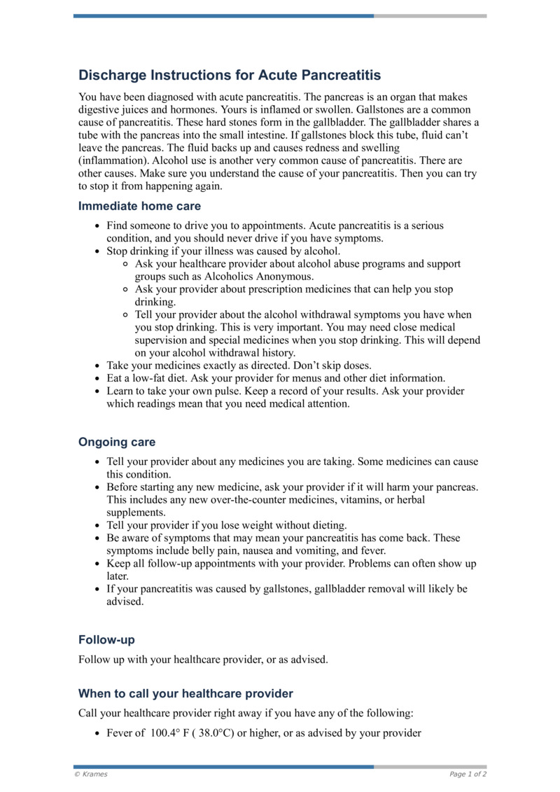 PDF Discharge Instructions for Acute Pancreatitis HealthClips Online