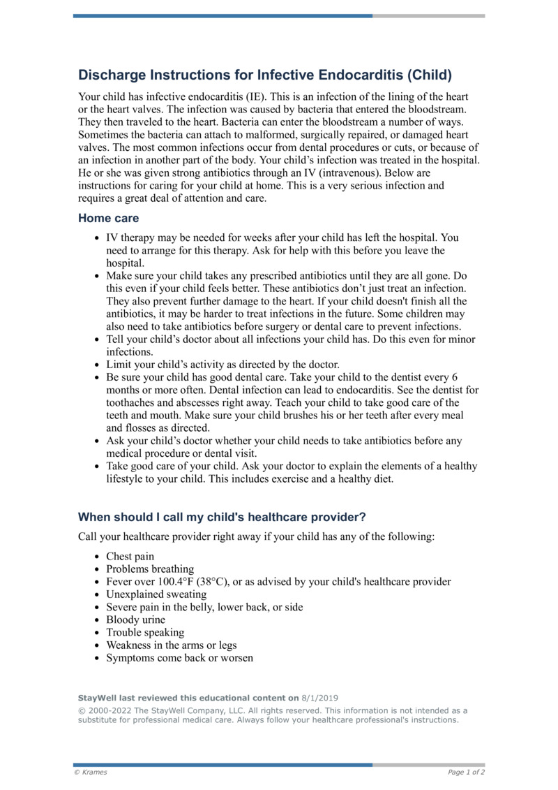 PDF Discharge Instructions for Infective Endocarditis (Child