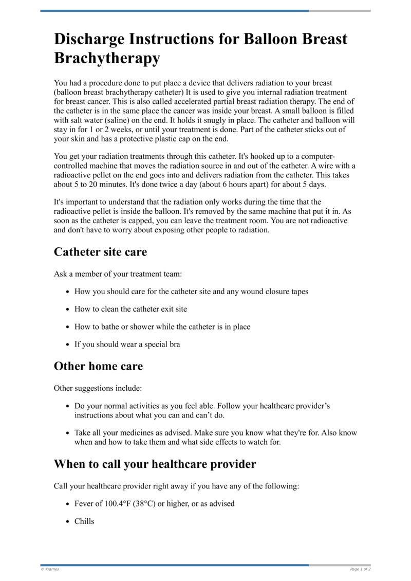 Text Discharge Instructions for Balloon Breast Brachytherapy