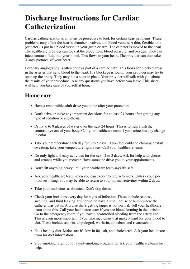 Text Discharge Instructions For Cardiac Catheterization HealthClips Online