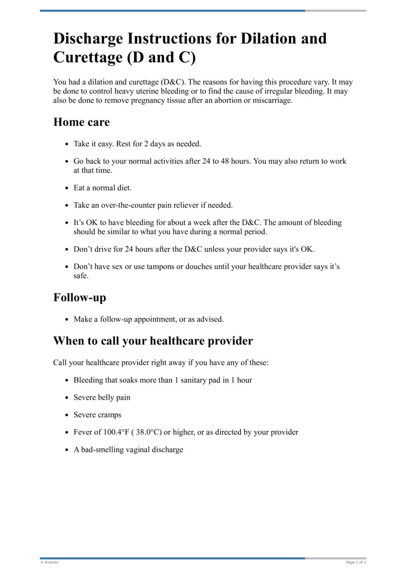 Pdf Discharge Instructions For Dilation And Curettage D And C Healthclips Online