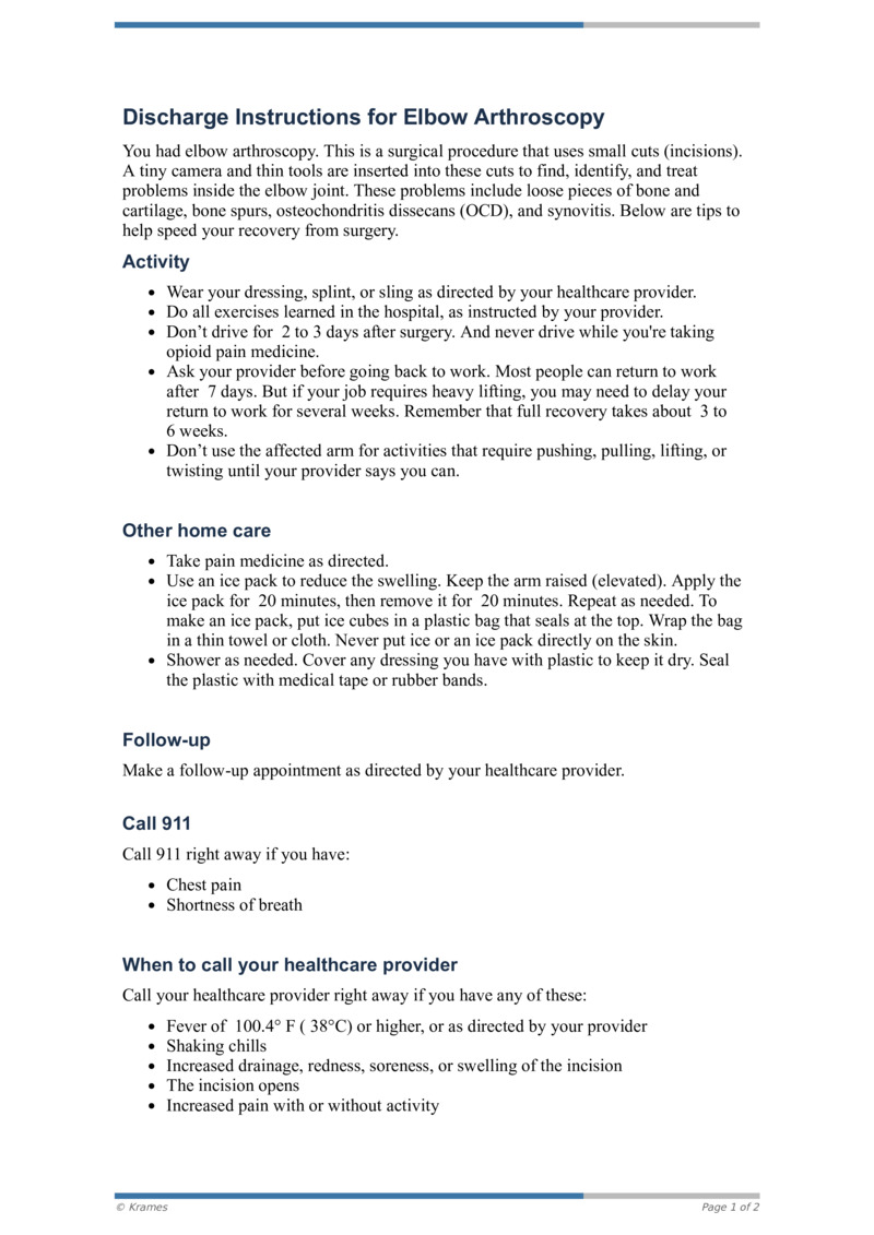 PDF Discharge Instructions for Elbow Arthroscopy HealthClips Online