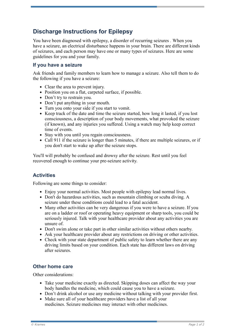 PDF Discharge Instructions for Epilepsy HealthClips Online
