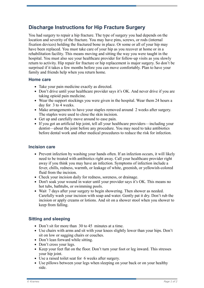 PDF Discharge Instructions for Hip Fracture Surgery HealthClips Online