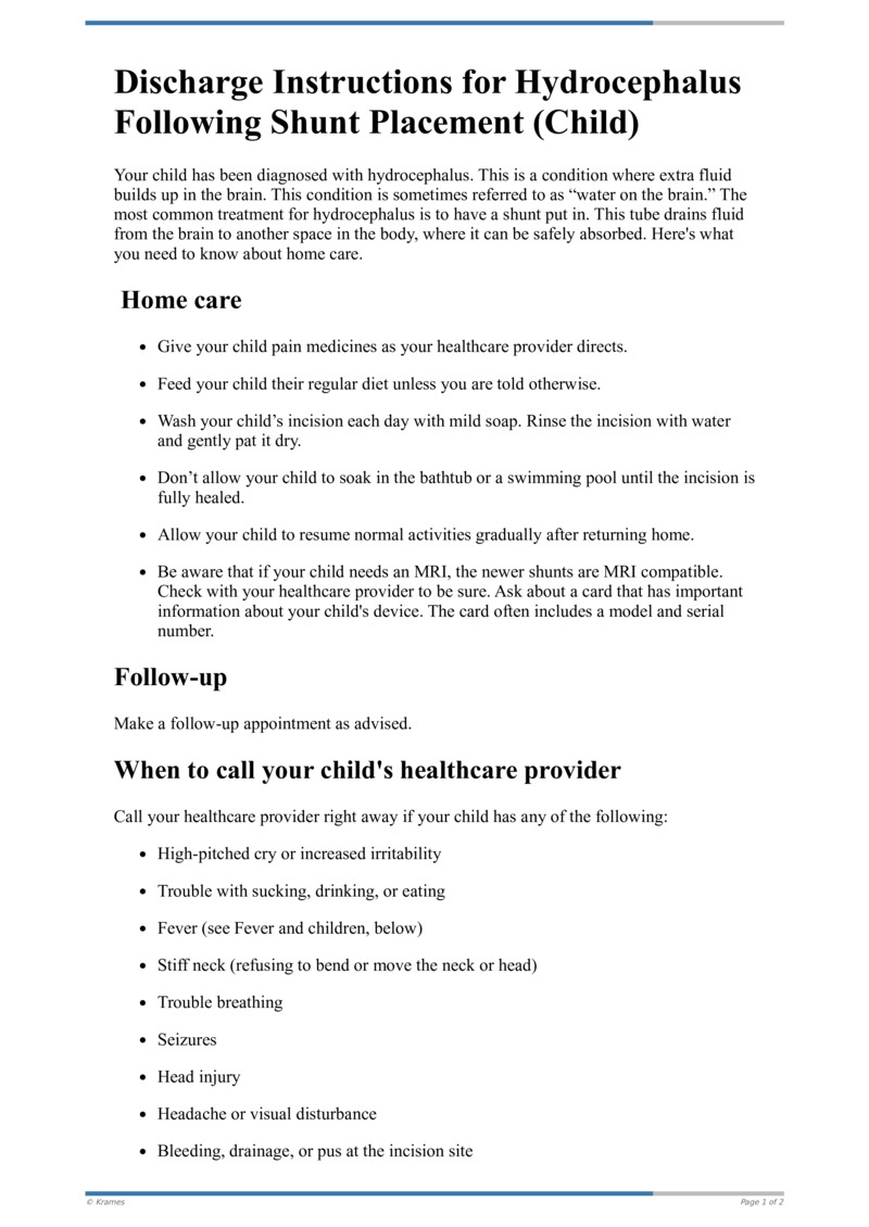 Text - Discharge Instructions for Hydrocephalus (Child)