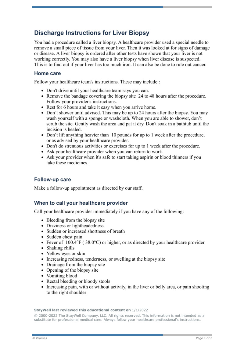 PDF Discharge Instructions for Liver Biopsy HealthClips Online
