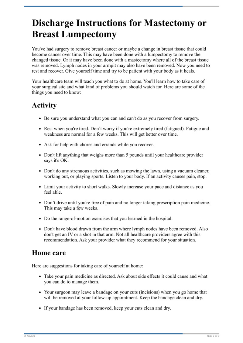 PDF Discharge Instructions for Mastectomy or Breast Lumpectomy