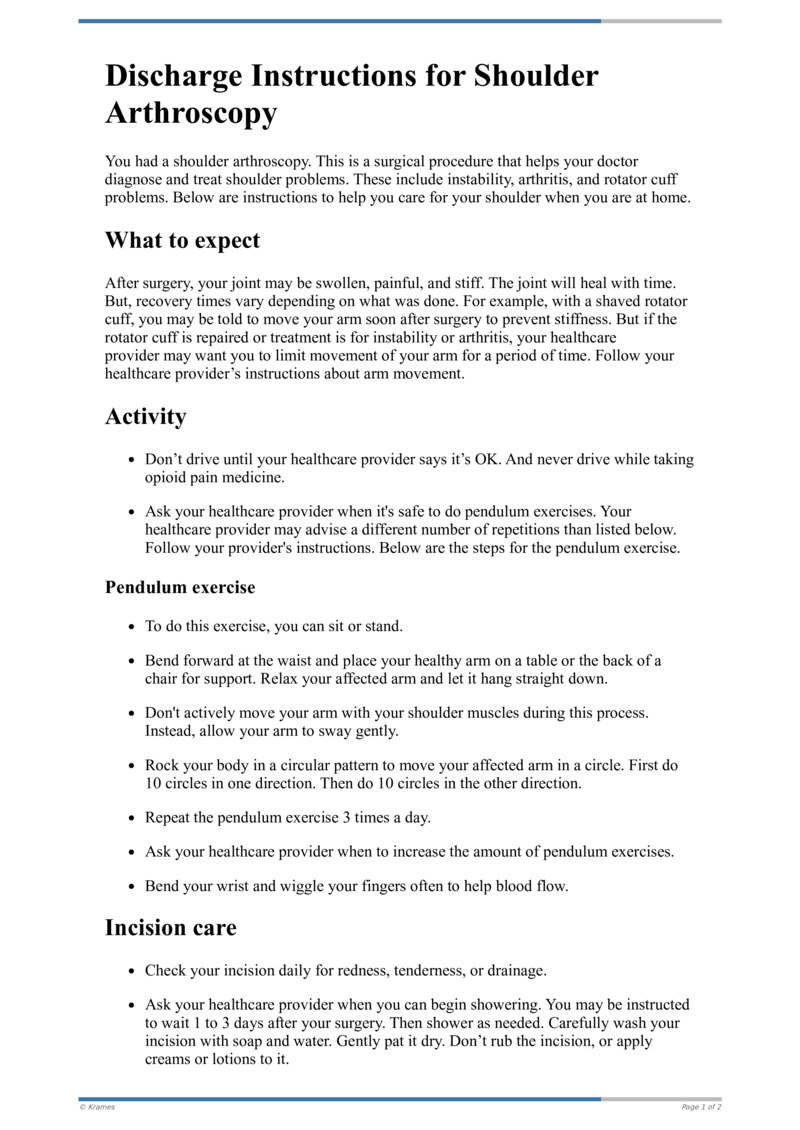 Text Discharge Instructions for Shoulder Arthroscopy HealthClips Online