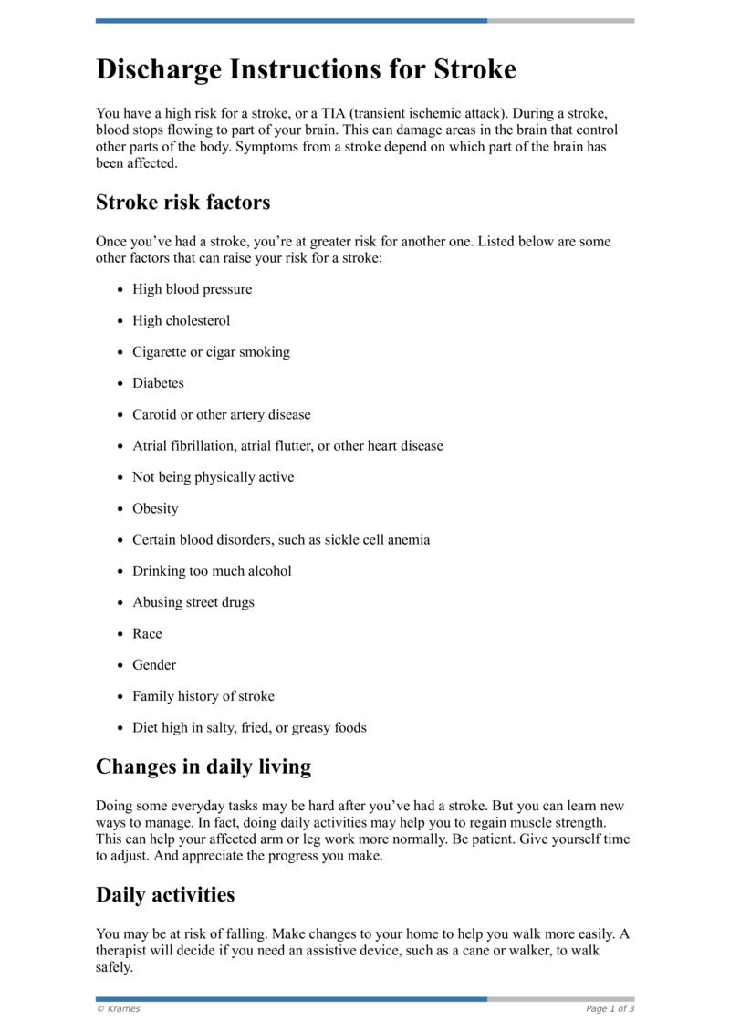 PDF Discharge Instructions for Stroke HealthClips Online