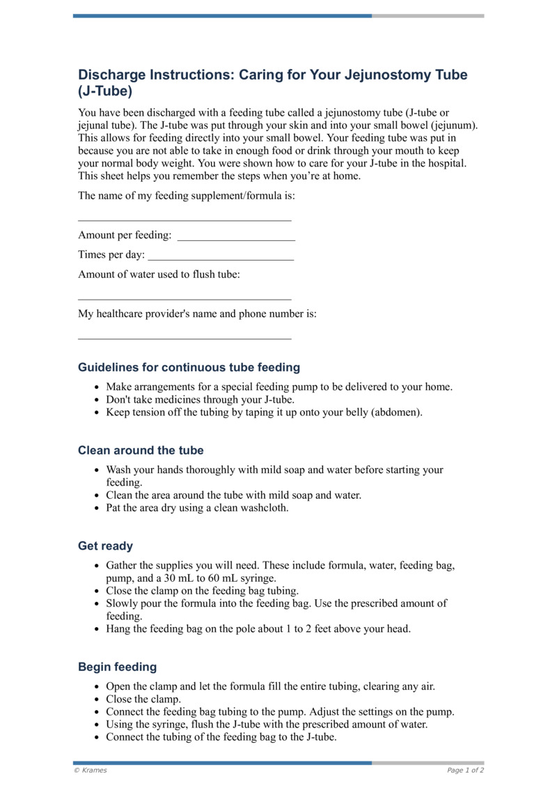 PDF Discharge Instructions Caring for Your Jejunostomy Tube (JTube) HealthClips Online