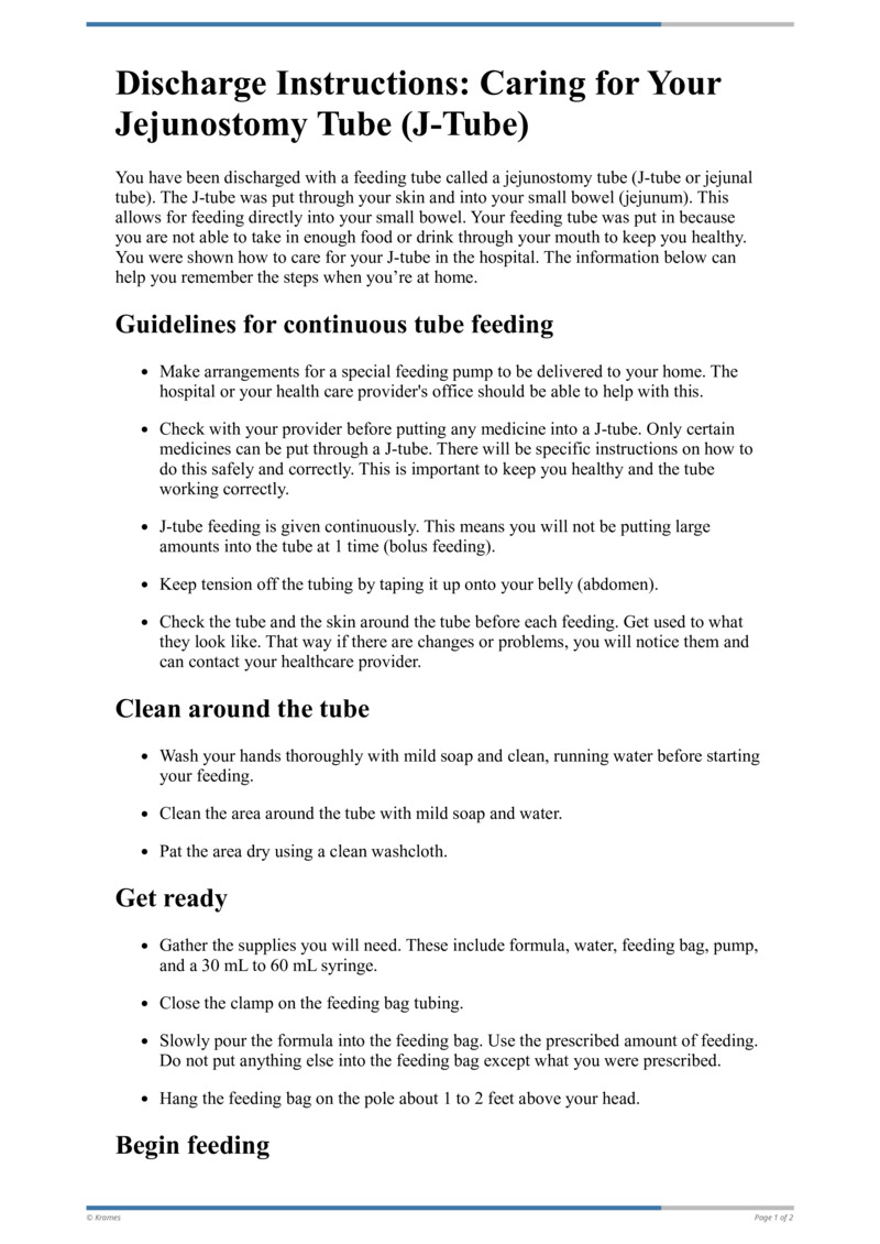 Text Discharge Instructions Caring for Your Jejunostomy Tube (JTube) HealthClips Online