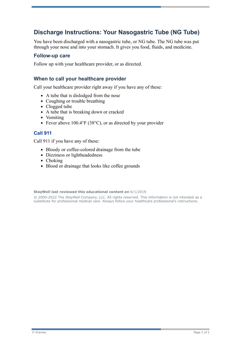 PDF Discharge Instructions Your Nasogastric Tube (NG Tube
