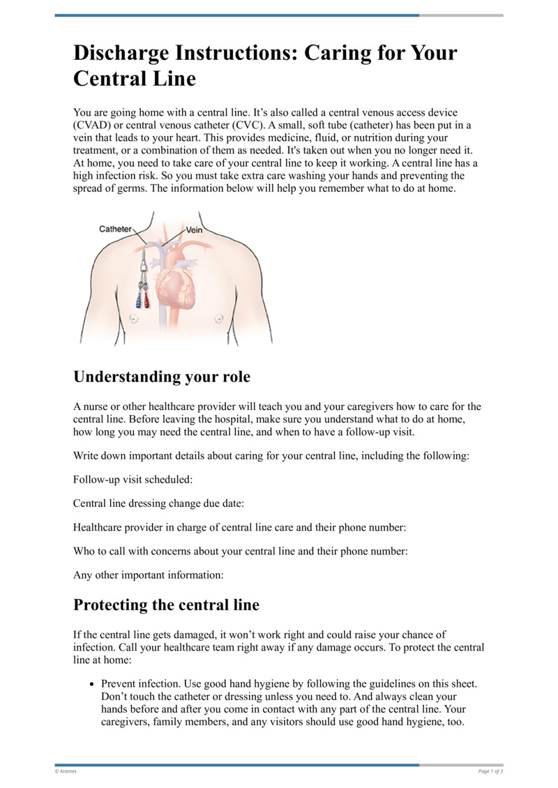 Text Discharge Instructions Caring for Your Central Line