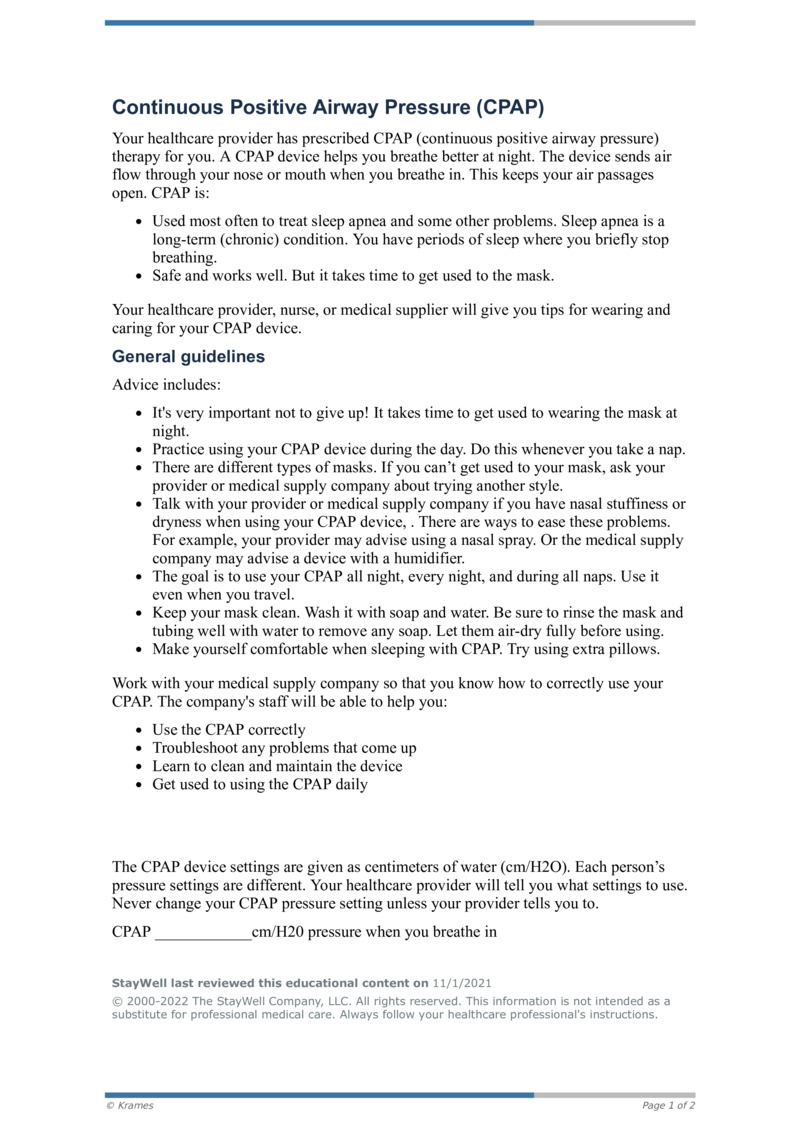 PDF - Continuous Positive Airway Pressure (CPAP) - HealthClips Online