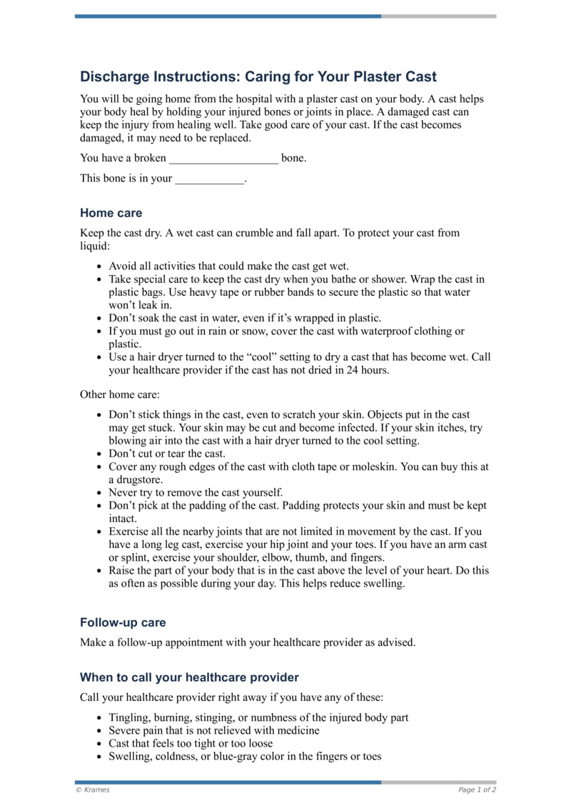 PDF Discharge Instructions Plaster Cast Care HealthClips Online