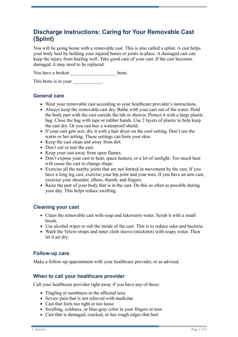 PDF Discharge Instructions Removable Cast Care HealthClips Online
