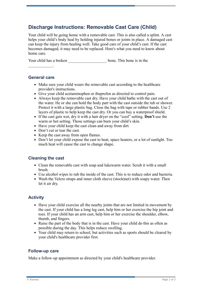 PDF Discharge Instructions Removable Cast Care (Child) HealthClips