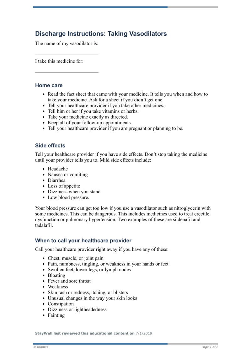 PDF Discharge Instructions Taking Vasodilators HealthClips Online