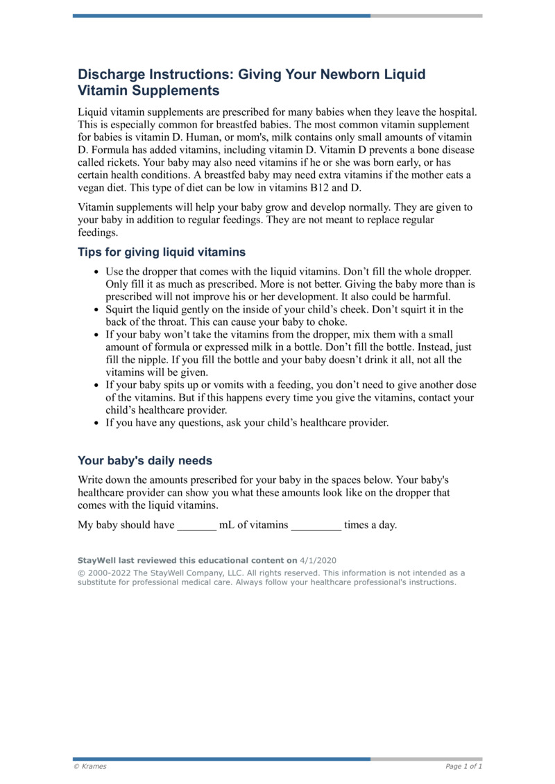 PDF Discharge Instructions Giving Your Newborn Liquid Vitamin Supplements HealthClips Online