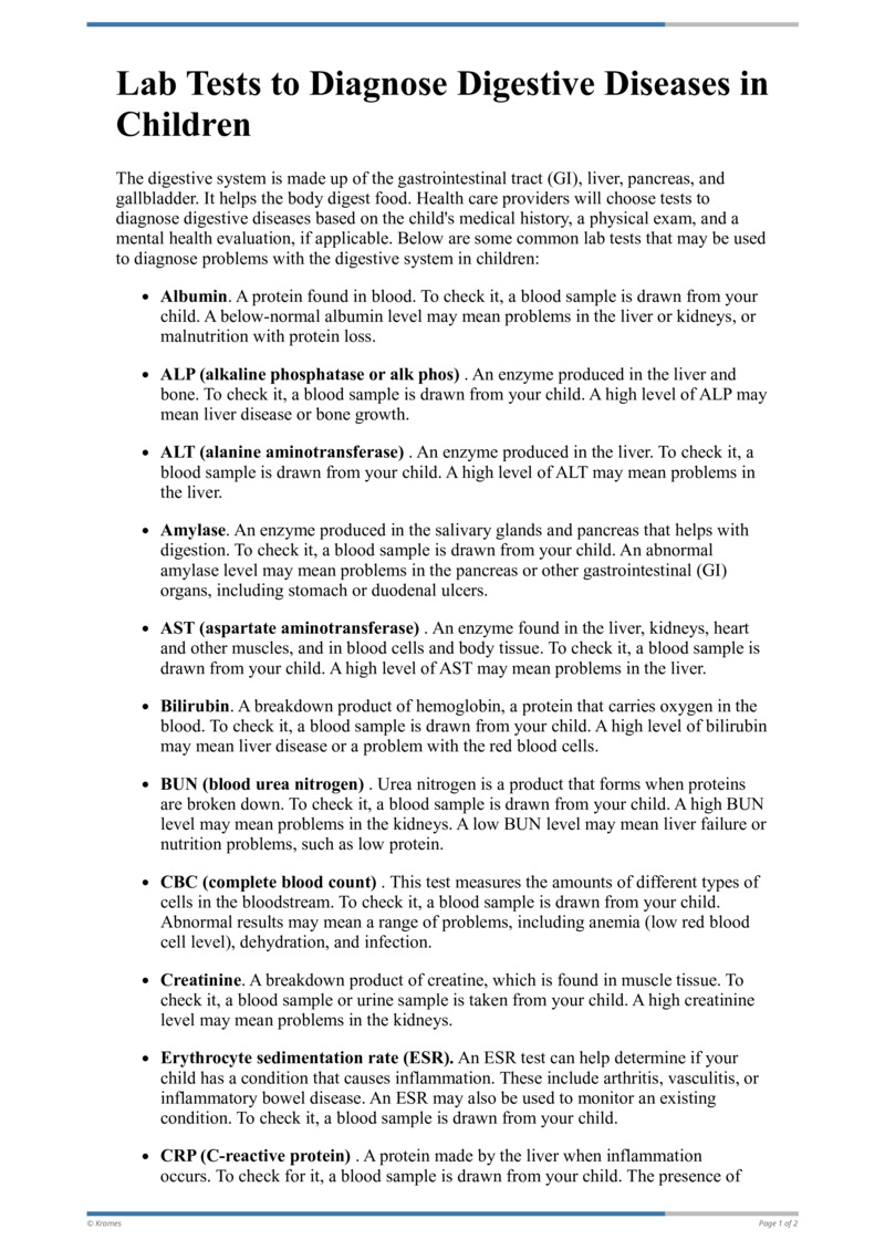 Text Lab Tests to Diagnose Digestive Diseases in Children