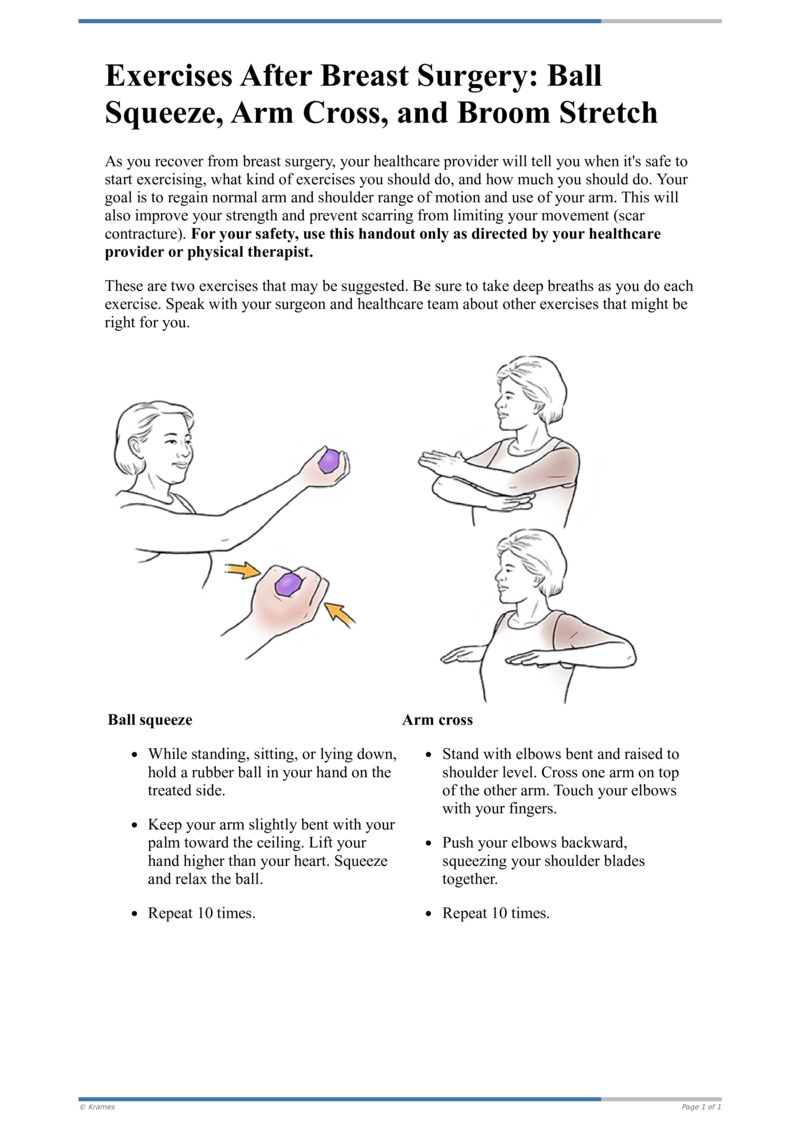 Text Exercises After Breast Surgery Ball Squeeze, Arm Cross, Broom