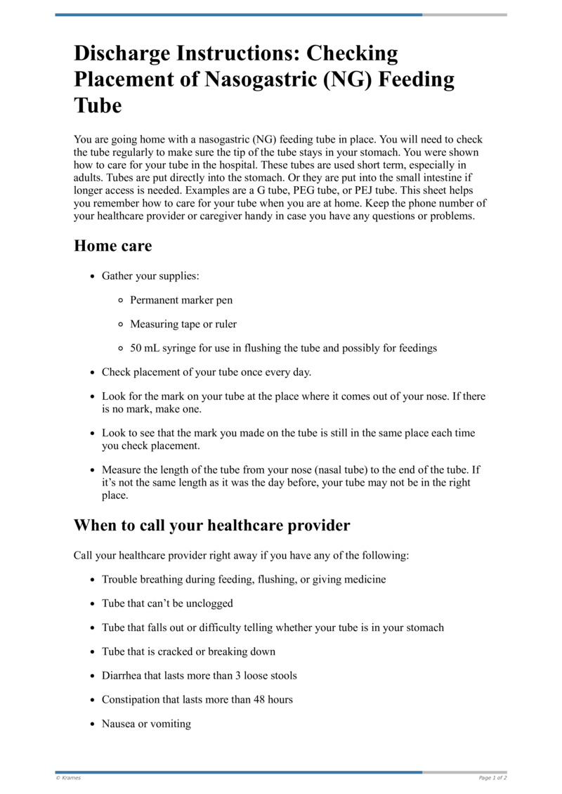 Text Discharge Instructions Checking Placement of Nasogastric