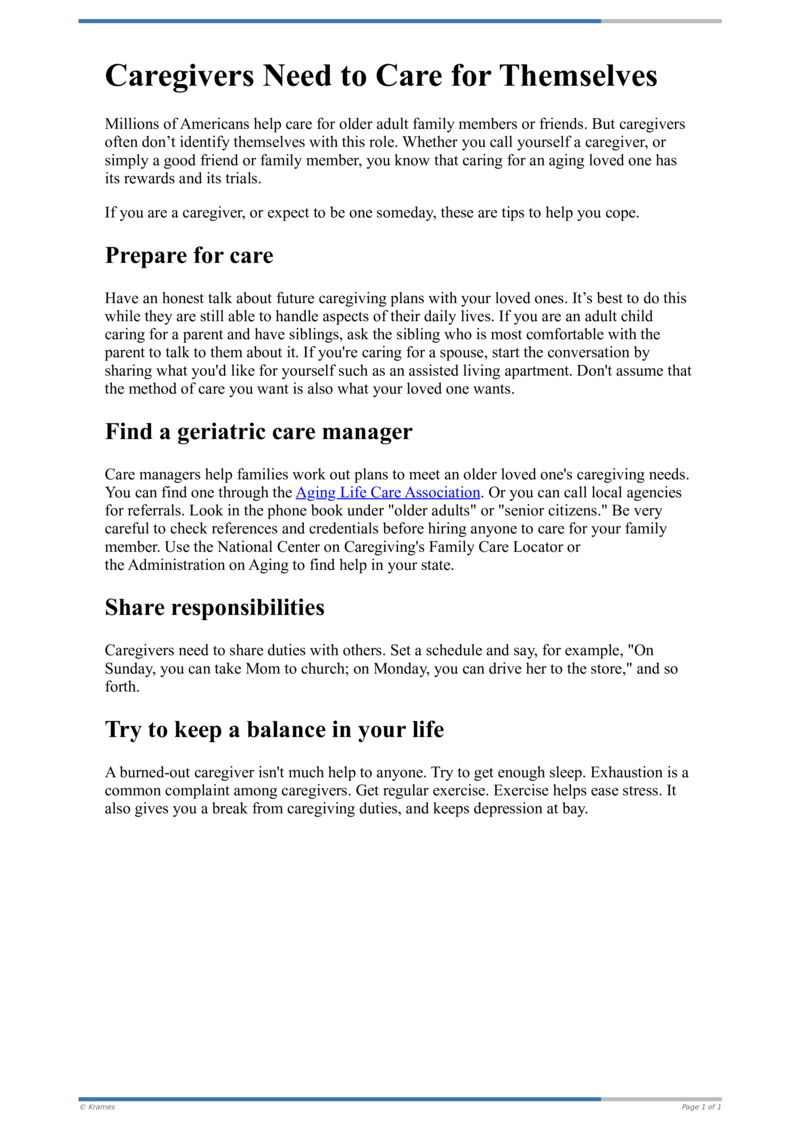 Text - Caregivers Need To Care For Themselves - HealthClips Online