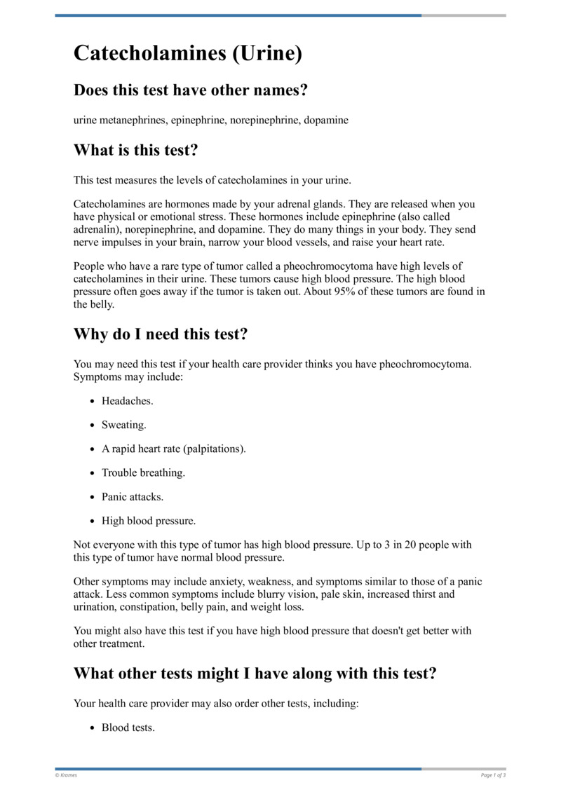 Text Catecholamines (Urine) HealthClips Online