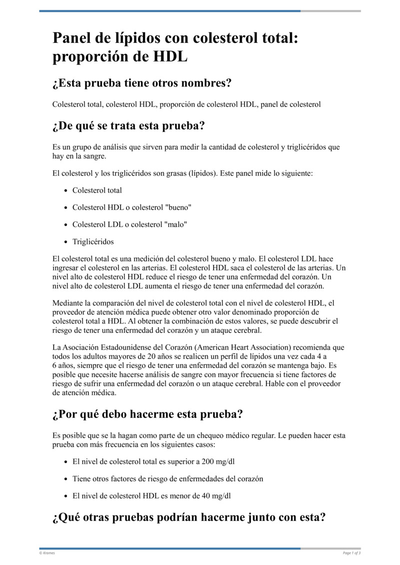 Text Panel de lípidos con colesterol total proporción de HDL